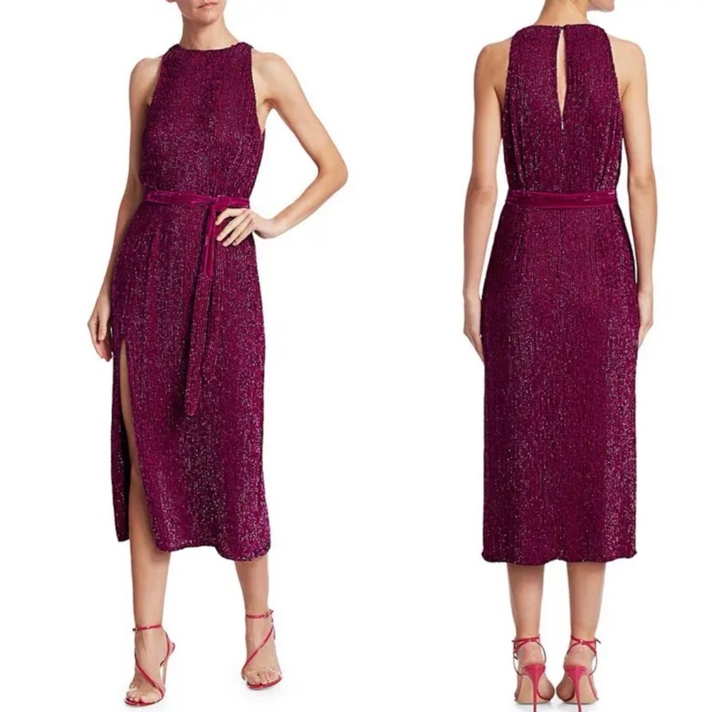 RETROFETE  Wo Tilly Sequin Tie-Sash Midi Dress - Magenta NWT